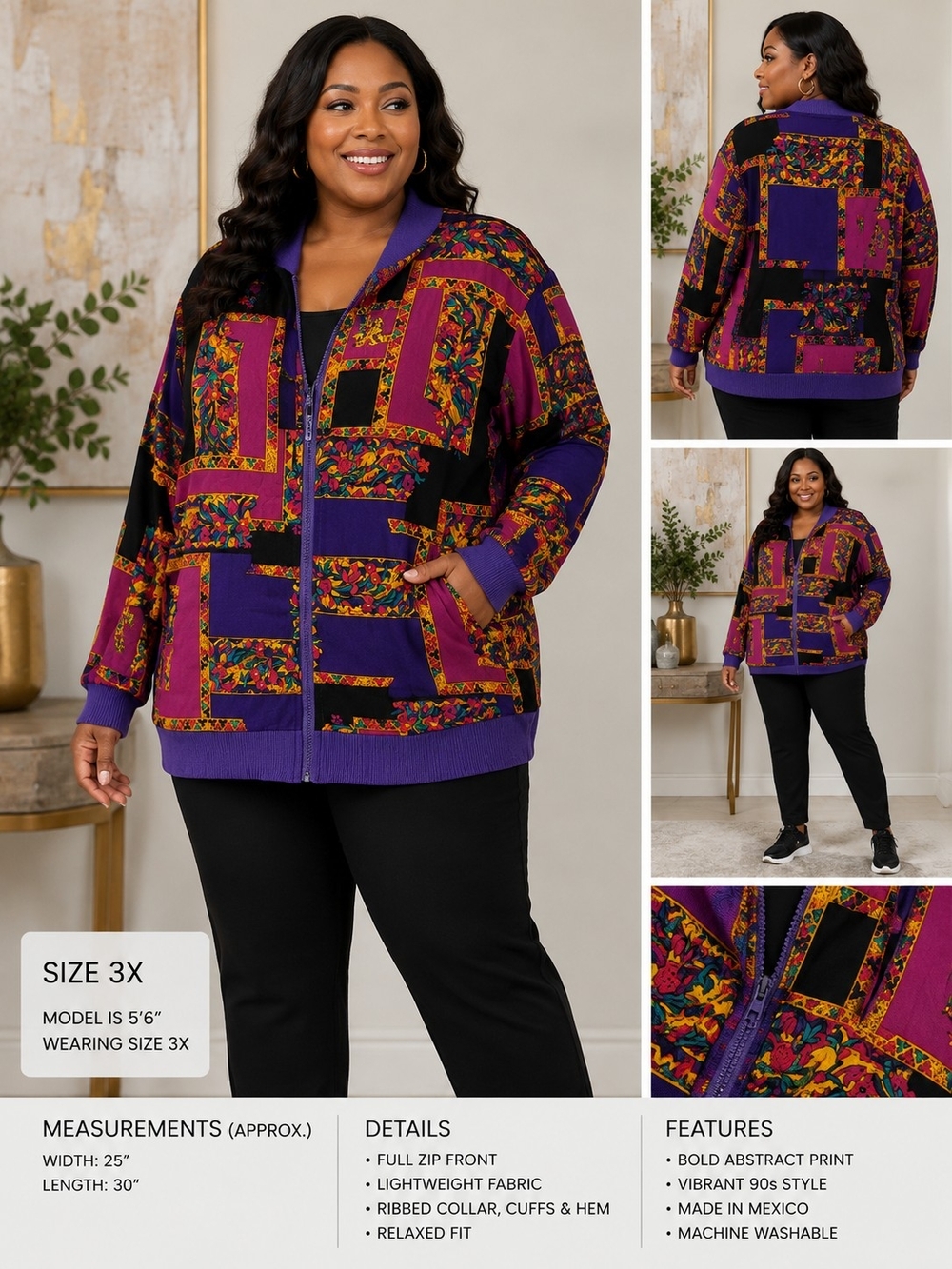 Nina St. Claire Vintage Abstract Zip Front Jacket Plus Size 2X Colorblock